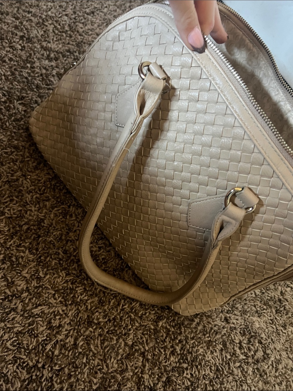 Woven Leather Satchel Bag in Taupe